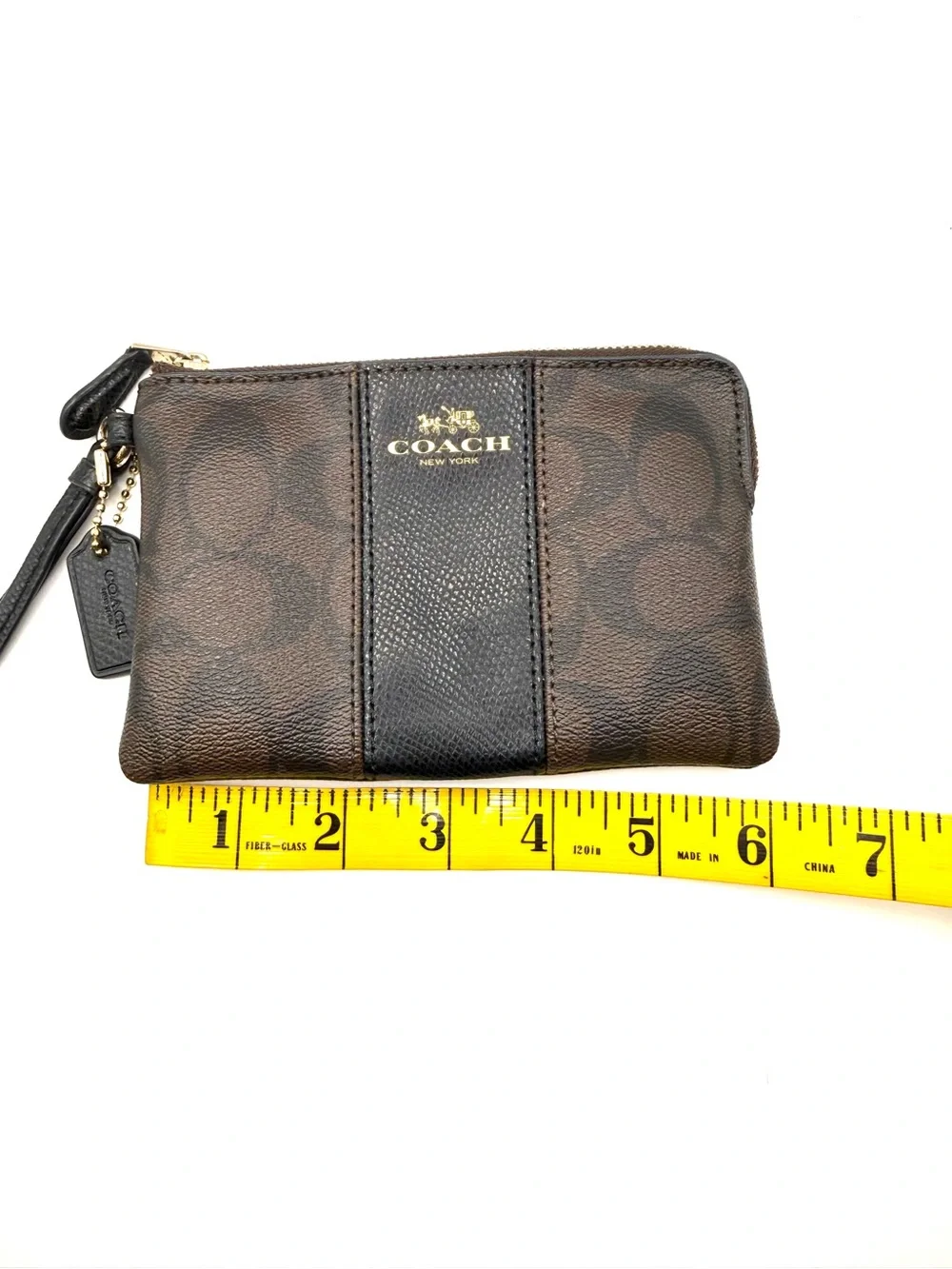 Coach Brown Signature Wristlet Coin Purse with Black Center Panel